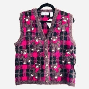 BellePointe Vest M NWT Teddy Bear Vintage Brown Grandma Retro Plaid Embroidered